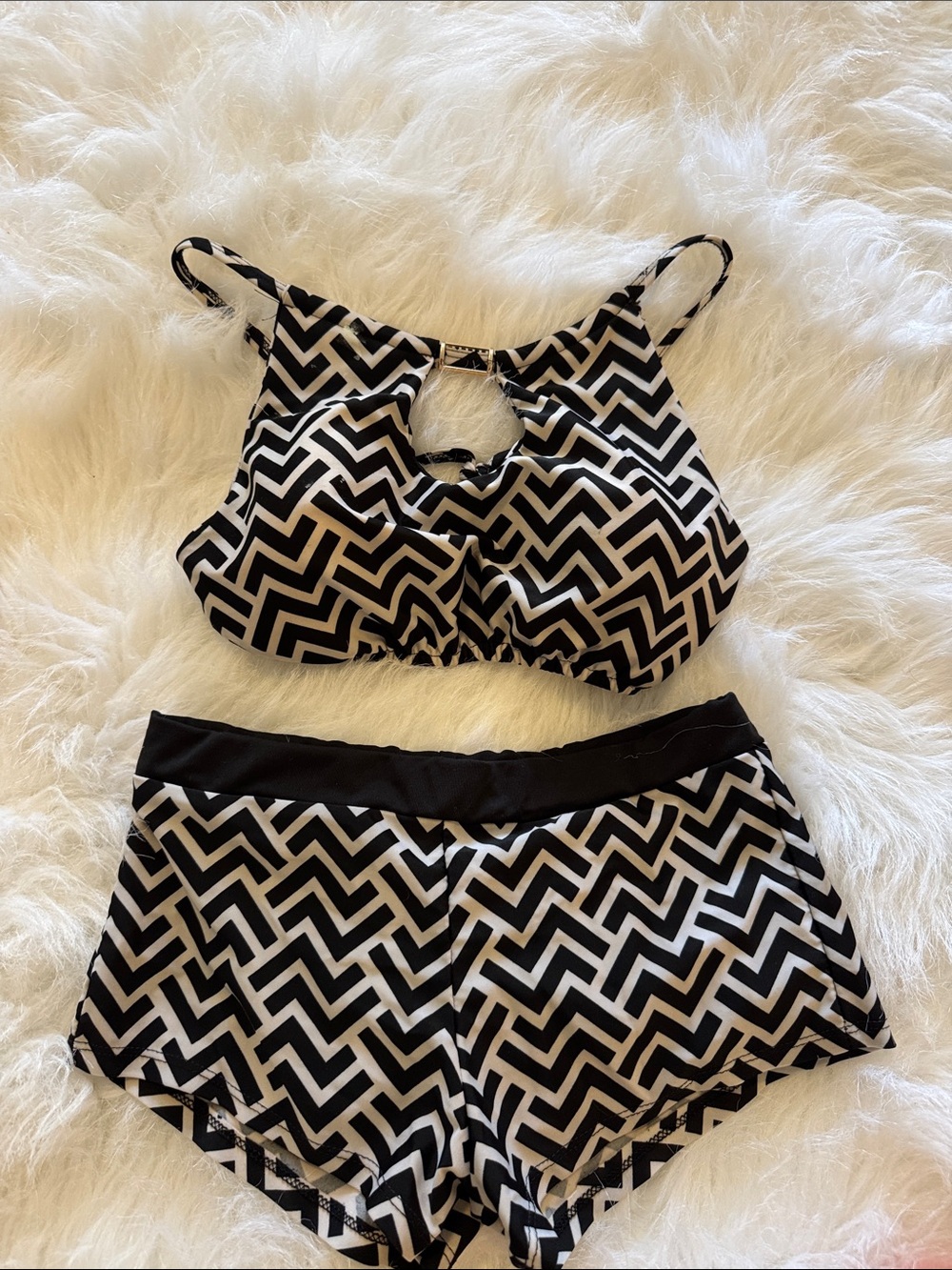 Black & White Chevron High-Neck Bikini Set